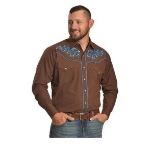 Mens Ely Western Cowboy Shirt Brown Embroidered with Turquoise Scroll Sz Large